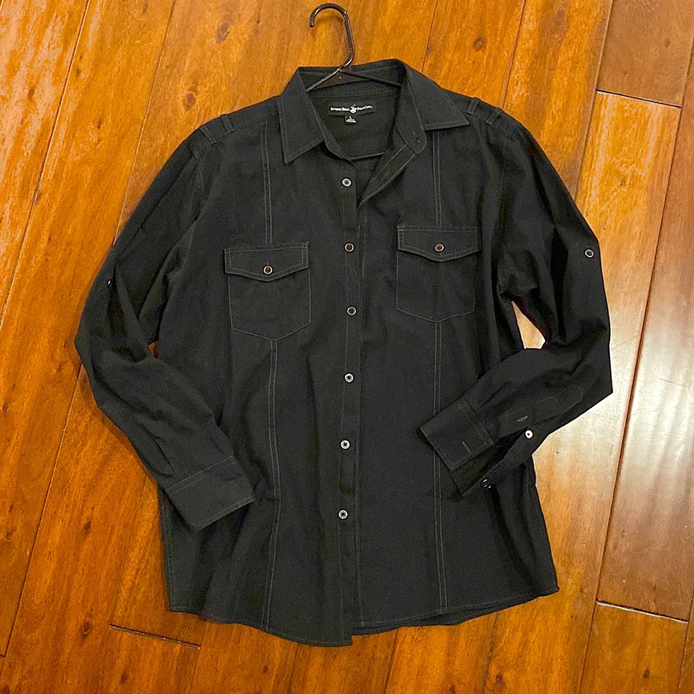 Beverly Hills Polo in L, soft black w/nice buttons, rollup cuffs, shoulder tabs
